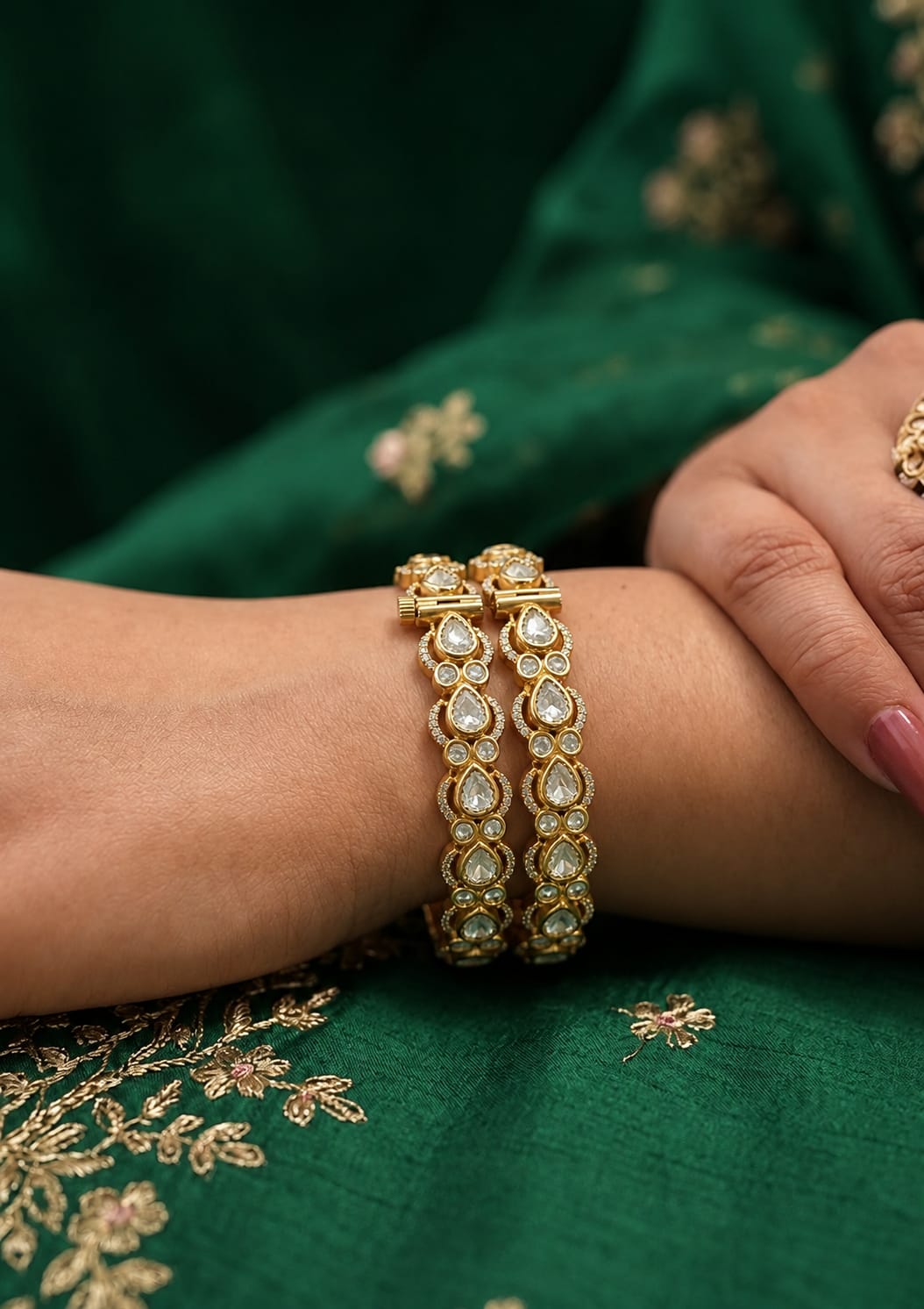 Anarkali teardrop moissanite bangle set of two worn on wrist