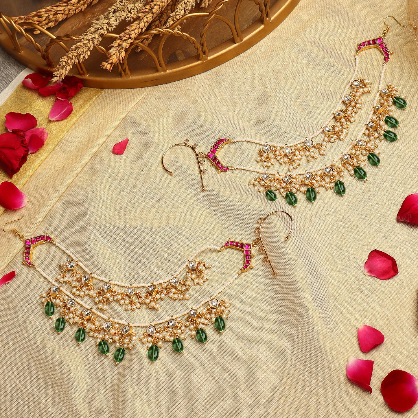 Aarvi Ear Chains in Ruby and Green