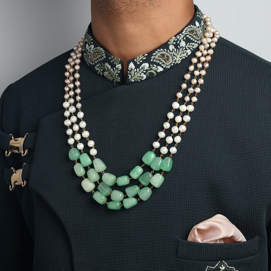 Mala in Natural Pearls with Green Stones