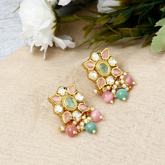 Polki Mint and Pink Hanging Stud