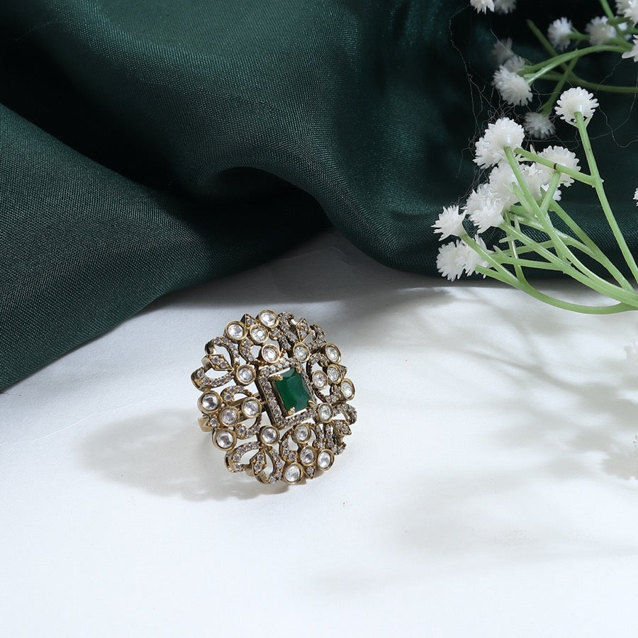 Shruti Polki Ring in Emerald