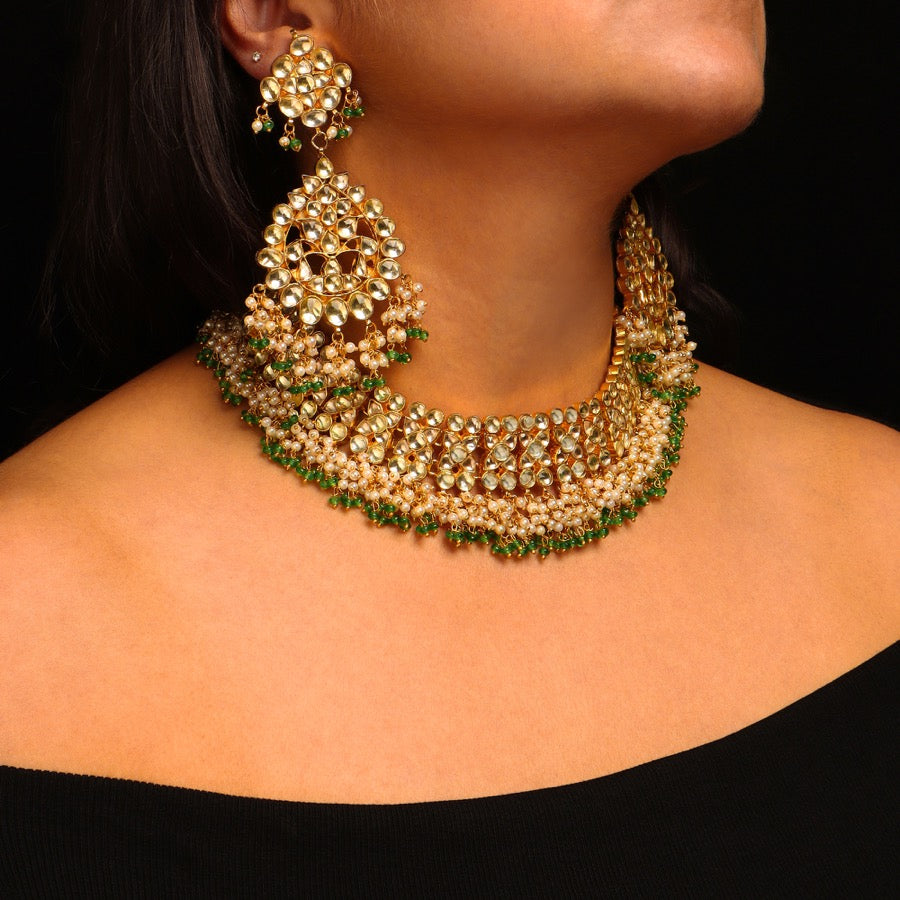 Fiza Kundan Choker in Green Stones