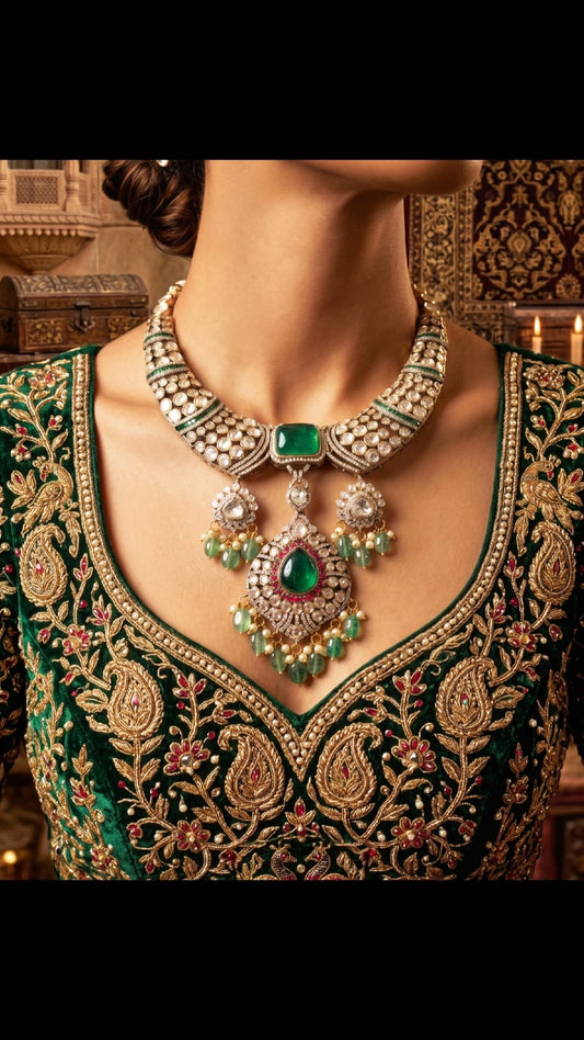 Meenakari emerald collar necklace set with kundan work, bridal jewellery set for wedding online India