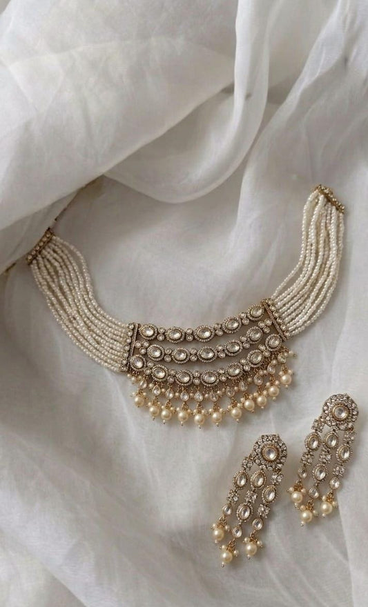 Multi strand pearl kundan choker necklace set