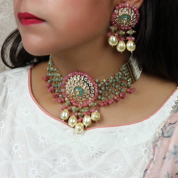 Mint Pink Choker in Polki and Pearls
