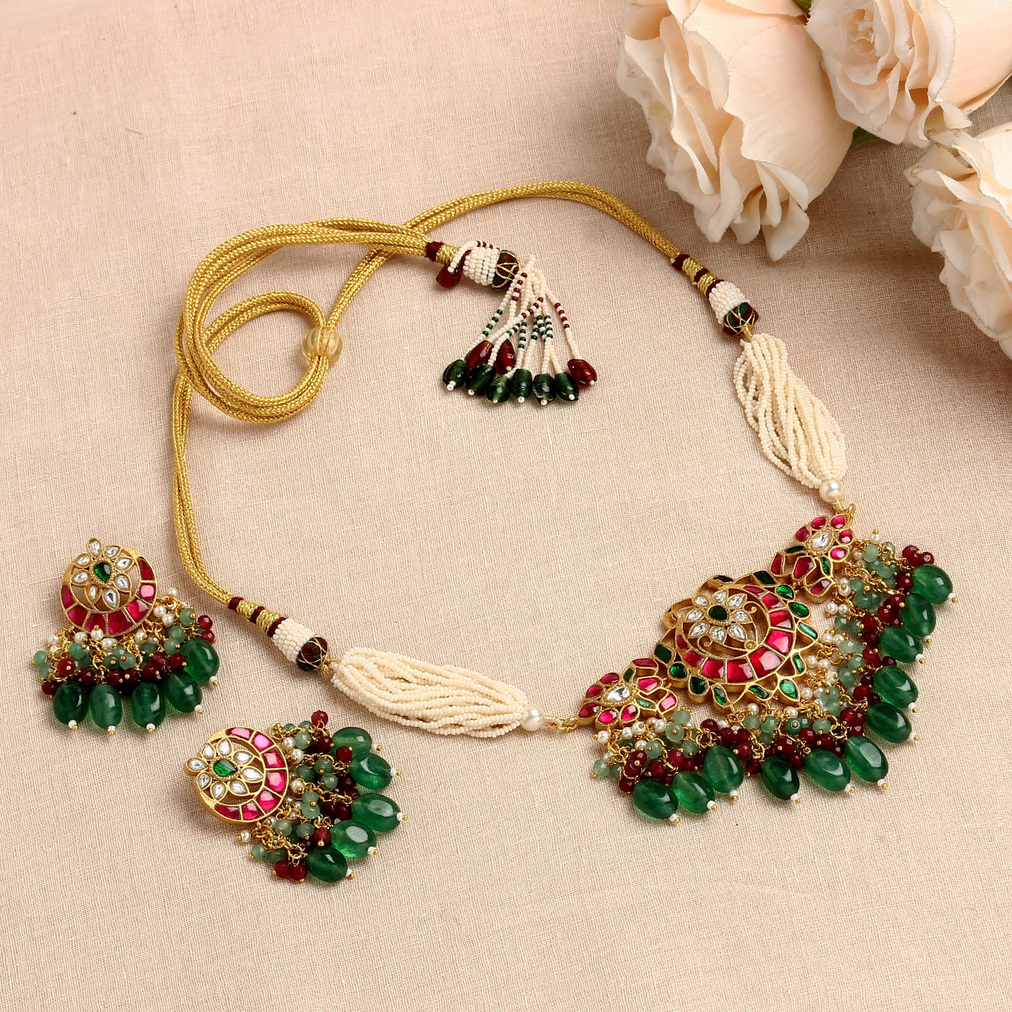 Navrattan Choker with Pearl Strings