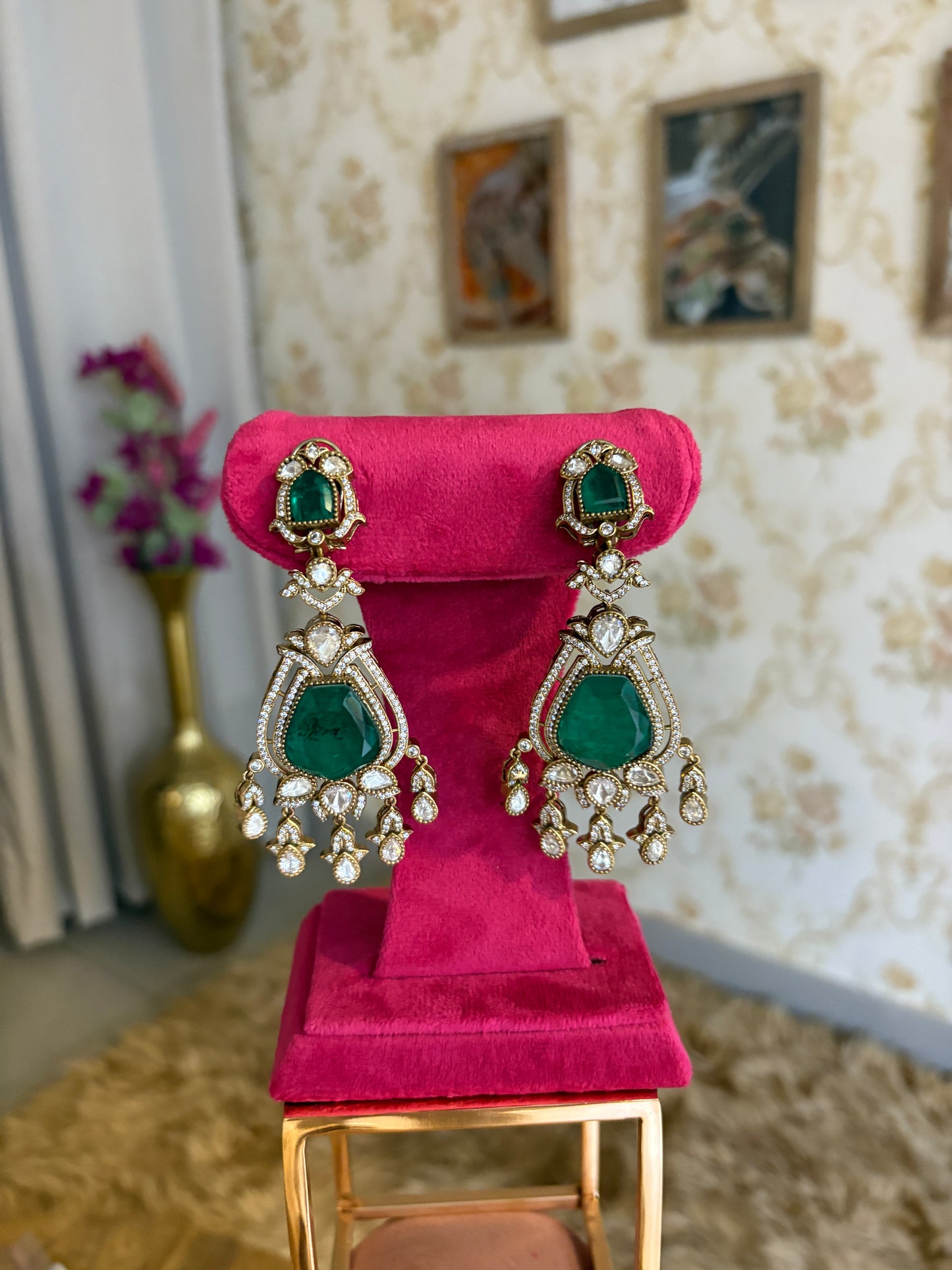 Kashvi Cocktail Earrings in Polki and Emerald