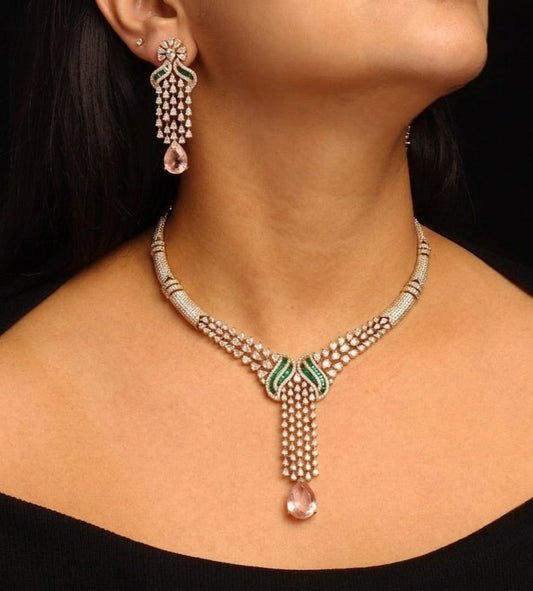 Heerakshi silver tone AD  necklace set with emerald accents and pink drop stone earrings