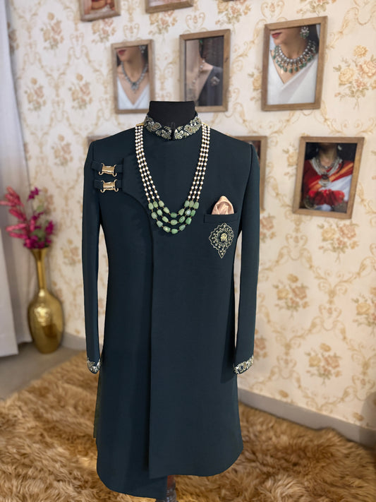 Mala in Natural Pearls with Green Stones