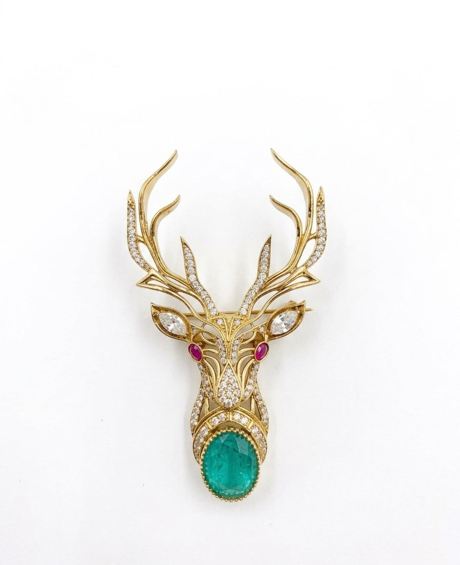 Stag Emerald Brooch