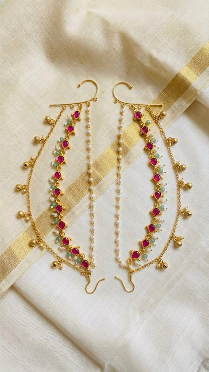 Rajasi Pearl Ear Chain- Ruby/Pink (Pair)