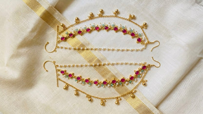 Rajasi Pearl Ear Chain- Ruby/Pink (Pair)