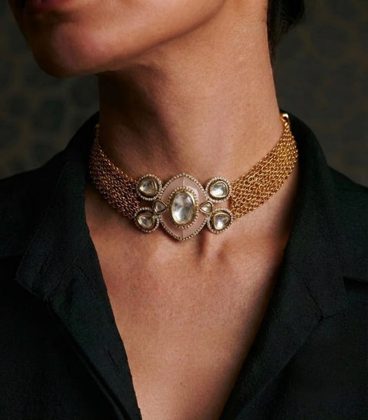 Gold mesh chain kundan choker necklace set, everyday artificial jewellery for women online India
