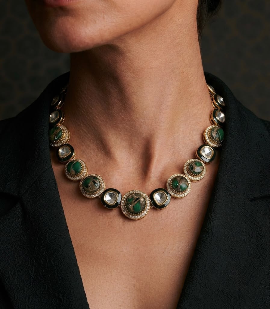 Green stone kundan choker necklace set gold plated, ethnic artificial jewellery for festive wear online