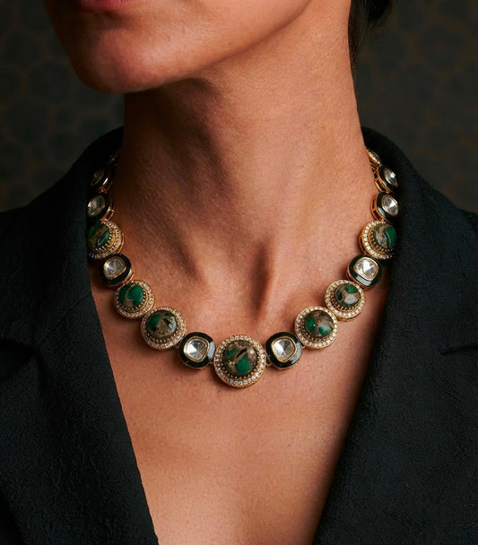 Green stone kundan choker necklace set gold plated, ethnic artificial jewellery for festive wear online
