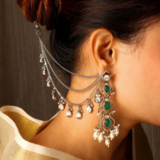 Sabiya polki earrings with green onyx stones and Siya pearl sahare for women