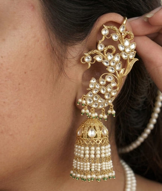 Mayuri white kundan floral ear cuff jhumka with peacock motif and pearl tassels
