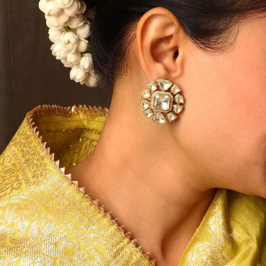 Kundan polki stud earrings with pearl drop for women