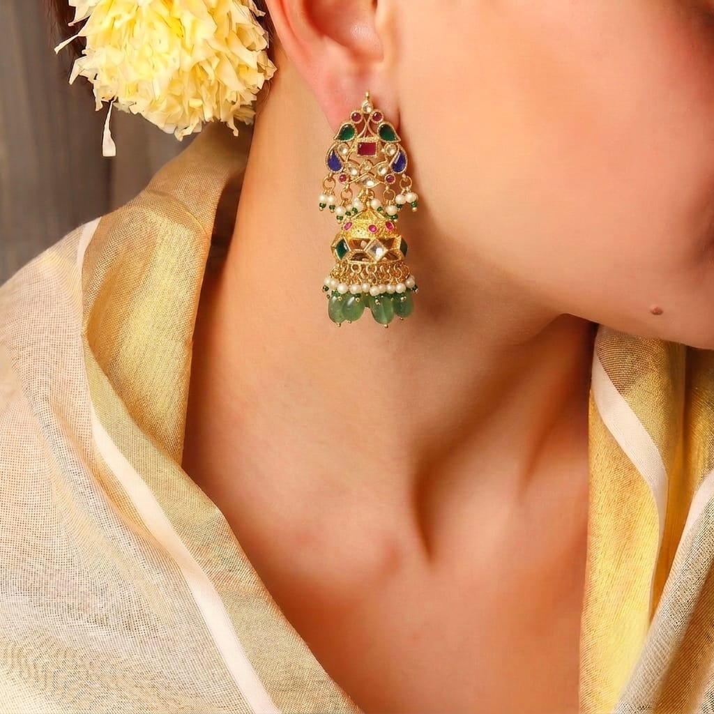 Manohari kundan meenakari jhumka earrings with gold dome and green bead drops