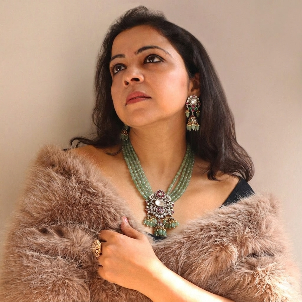 Woman wearing a fur coat and jewelry against a plain background