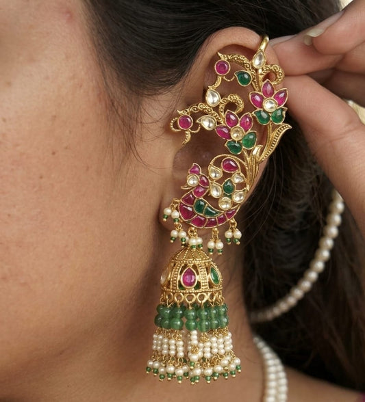 Mayuri ruby emerald floral ear cuff Jhumka with peacock motif and pearl tassels
