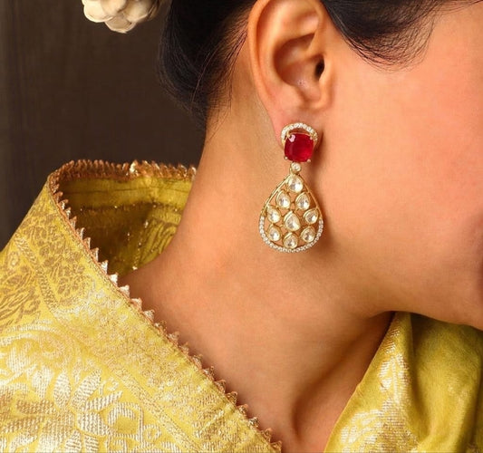 Ruby red stone earrings with polki border 