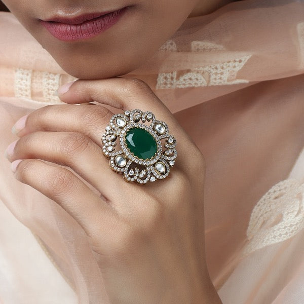 Polki Cocktail Ring in Emerald