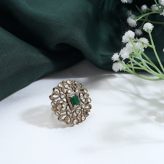 Shruti Polki Ring in Emerald