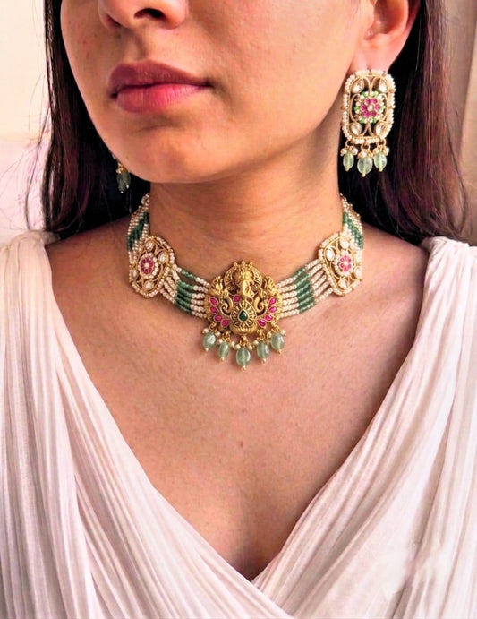Temple jewellery choker necklace set with Ganesha pendant