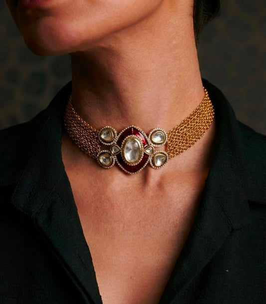 Kundan gold mesh choker necklace