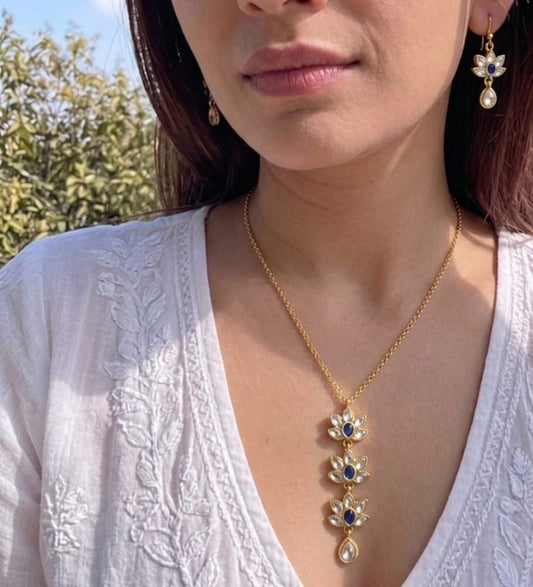 Kamalika Lotus Pendant Necklace in Sapphire Blue