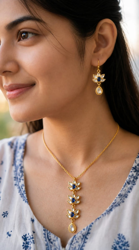 Kamalika Lotus Pendant Necklace in Sapphire Blue
