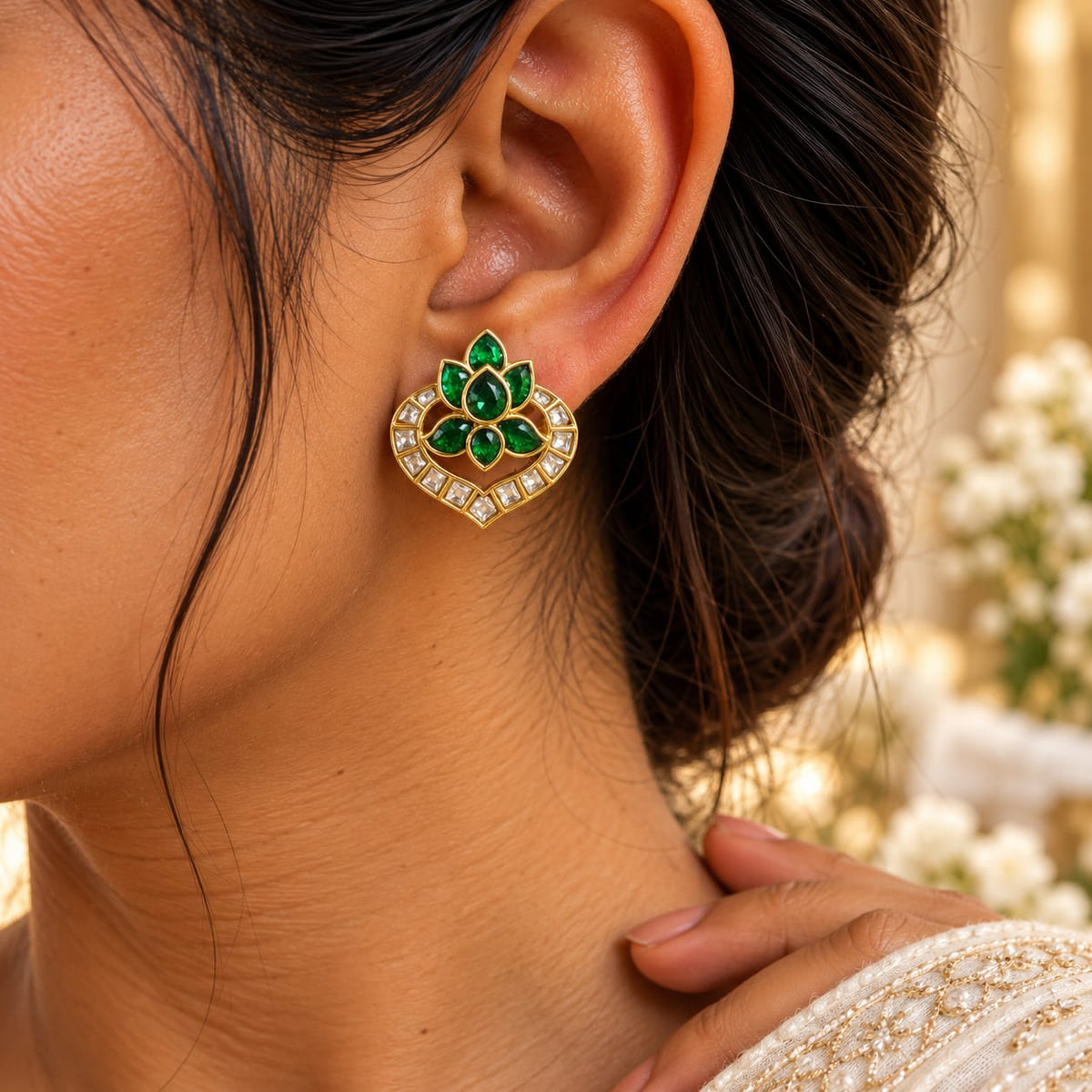 Lotus Emerald Stud Earrings