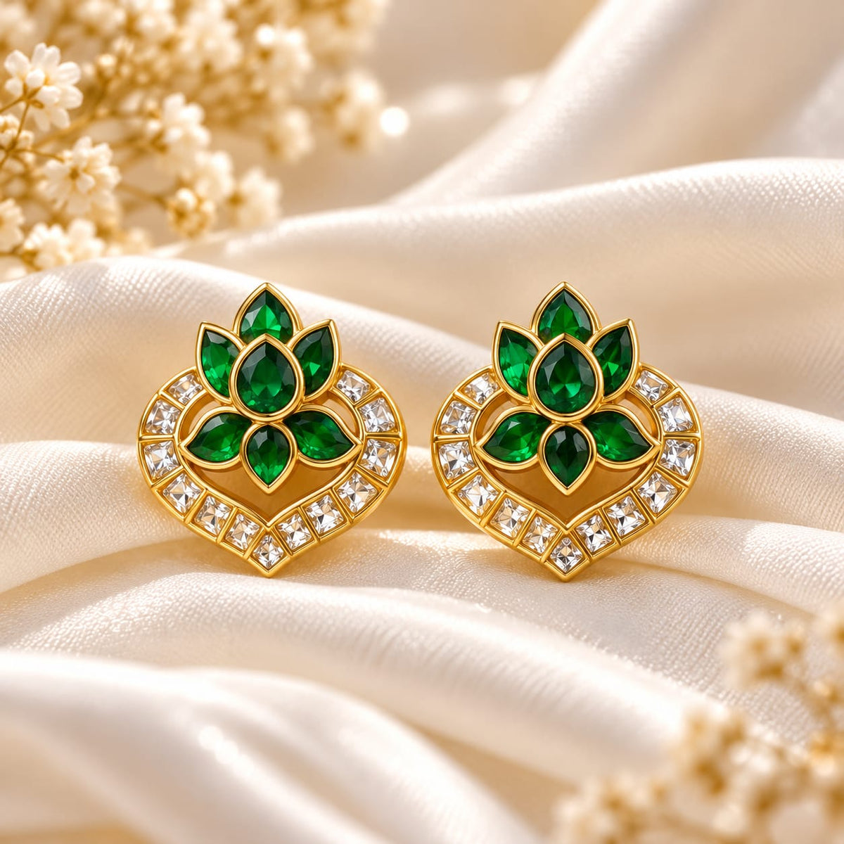 Lotus Emerald Stud Earrings