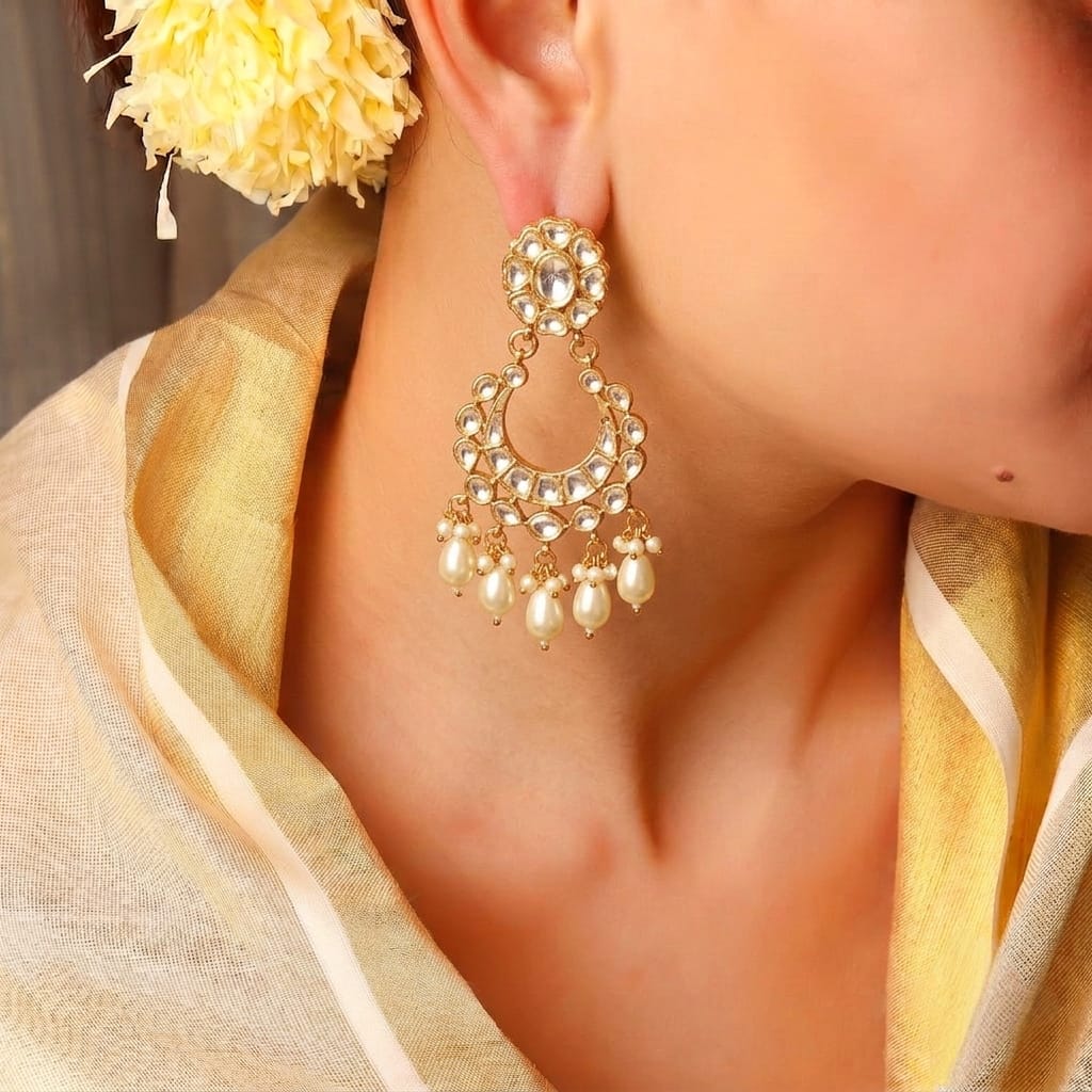 Ahilya white kundan chandbali earrings with cascading pearl drops