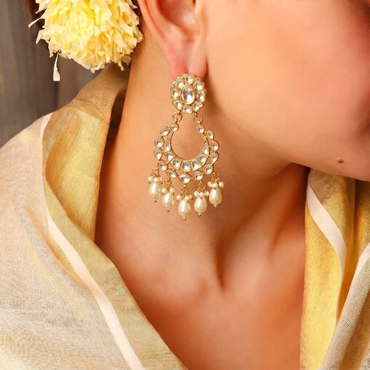 Ahilya white kundan chandbali earrings with cascading pearl drops