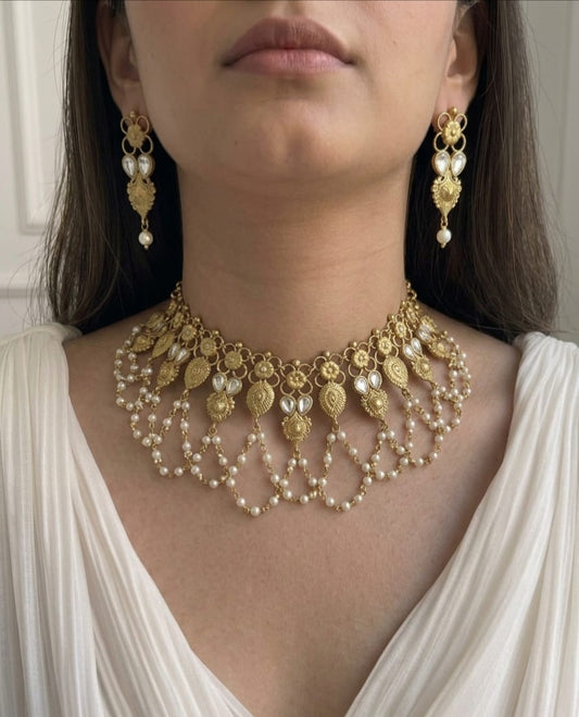 antique gold kundan pearl bridal necklace set