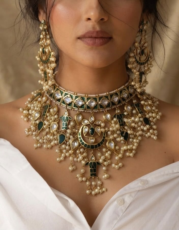 Bridal kundan choker necklace set with meenakari work and pearls, wedding jewellery set for brides online India.