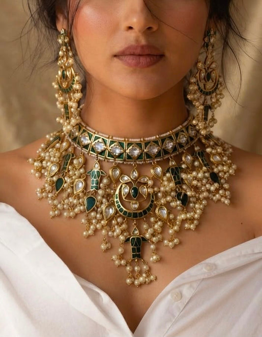 Bridal kundan choker necklace set with meenakari work and pearls, wedding jewellery set for brides online India.