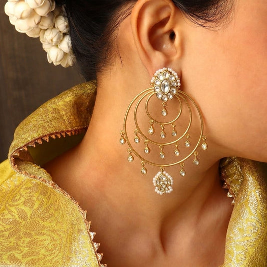 Chandrika kundan chandbali earrings with tiered gold hoops and pearl drop
