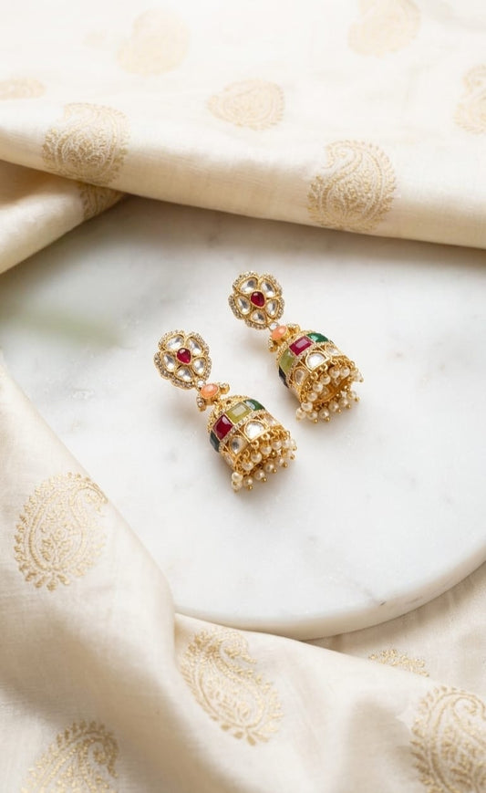 multicolor meenakari jhumka earring with kundan and pearl drops