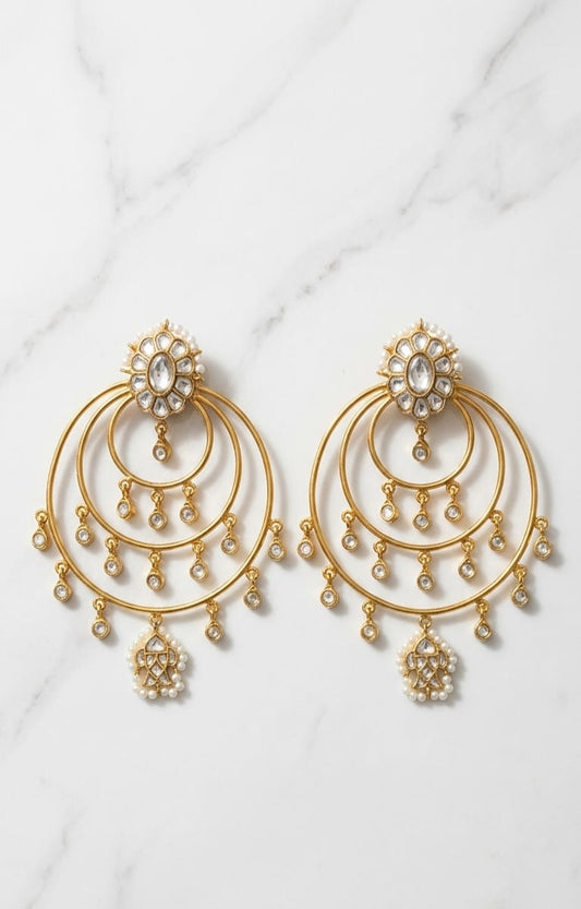  chandbali earrings with tiered gold hoops and pearl drop
