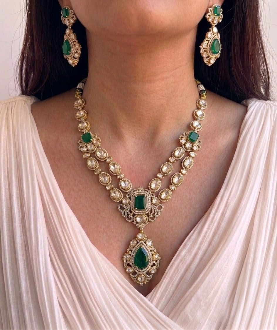 Emerald kundan necklace set gold plated for women, artificial bridal jewellery set for wedding online.