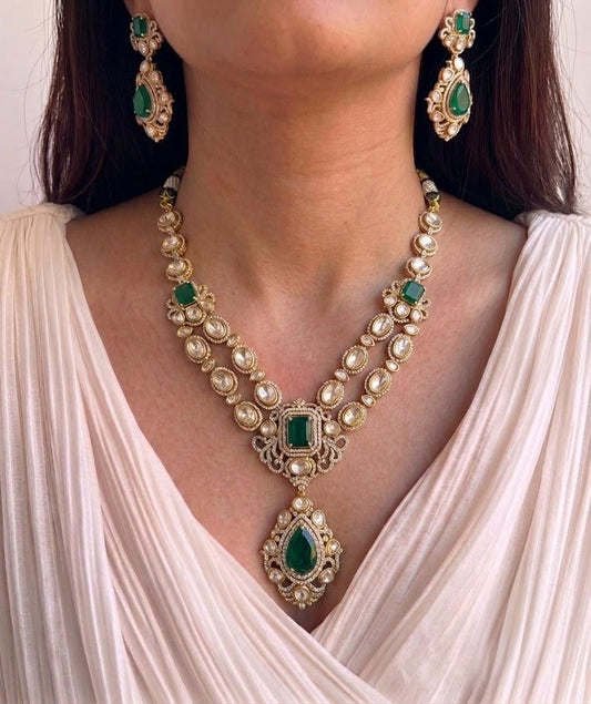 Emerald kundan necklace set gold plated for women, artificial bridal jewellery set for wedding online.