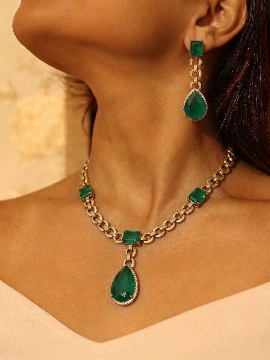 Gold chain link necklace with emerald cut stones, party wear artificial jewellery set online India