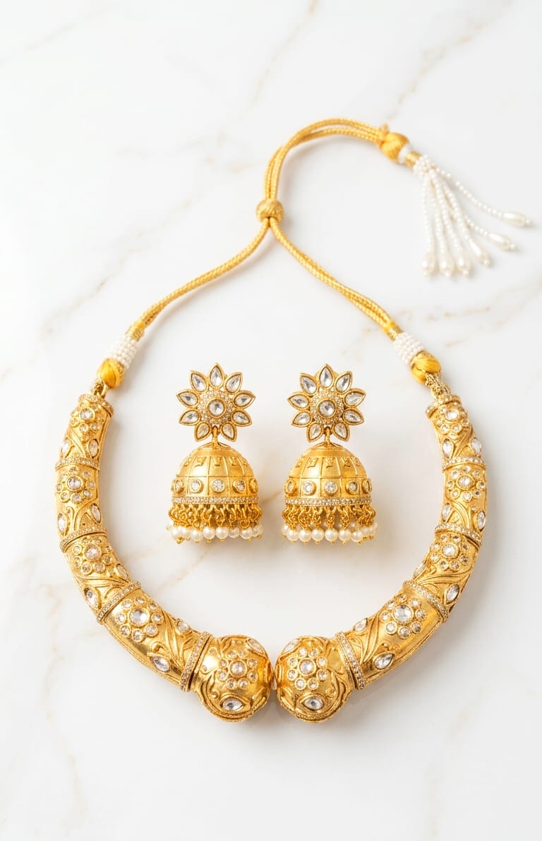 Rajmahal antique gold hasli necklace set with white kundan stones and matching jhumka earrings