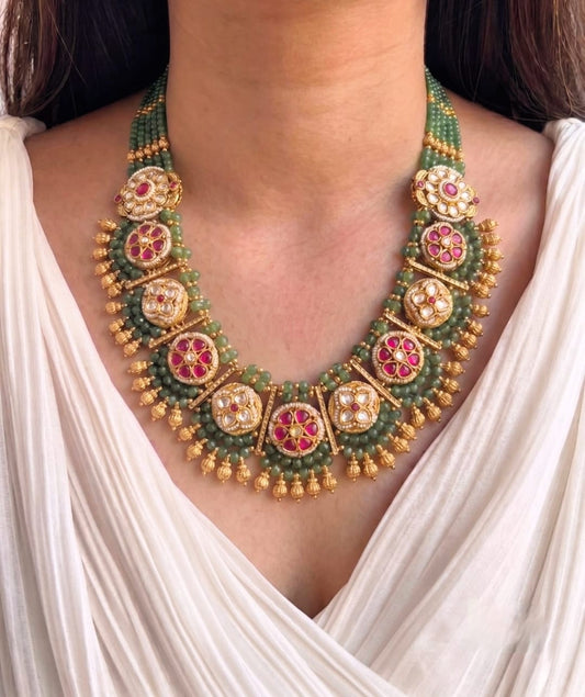 Kundan long necklace set with ruby stones and antique gold finish, heritage bridal jewellery online India