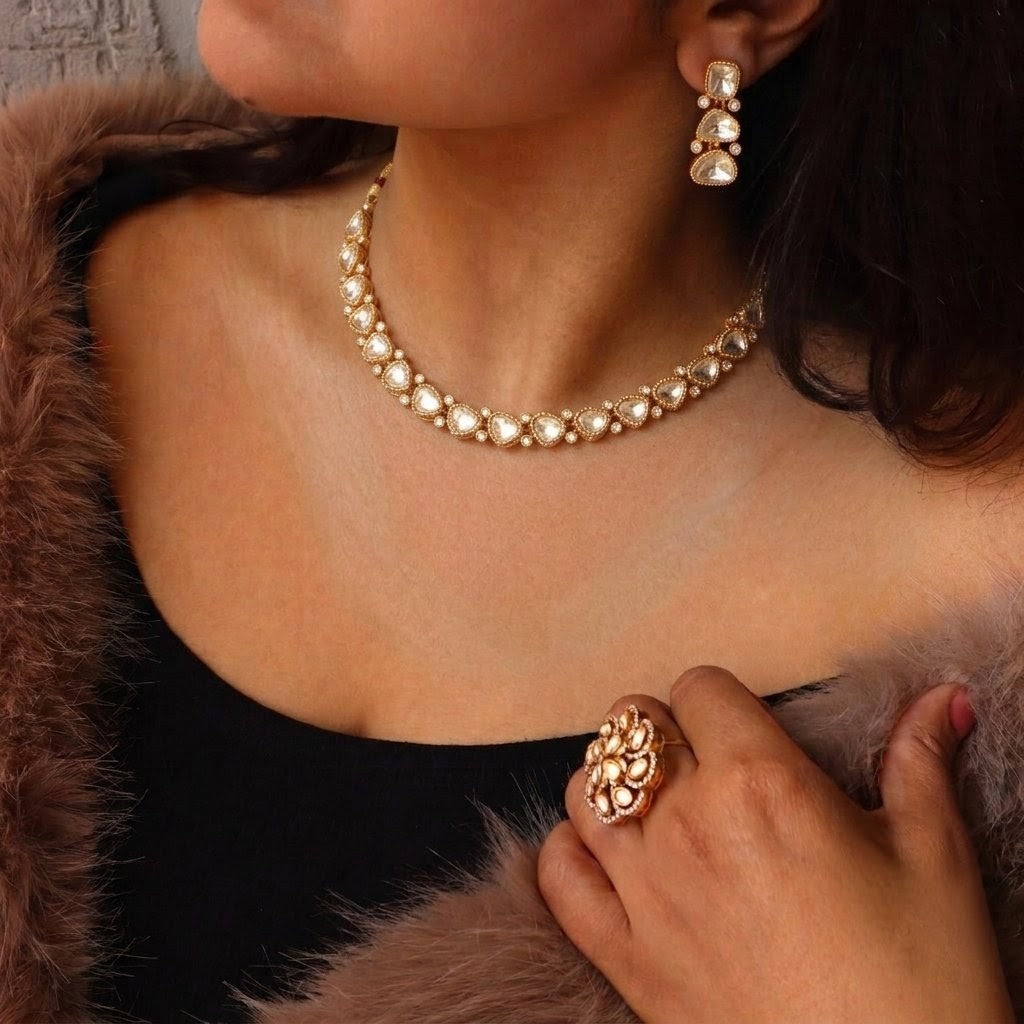 Kundan teardrop necklace set with matching ring, artificial jewellery for festive wear online India