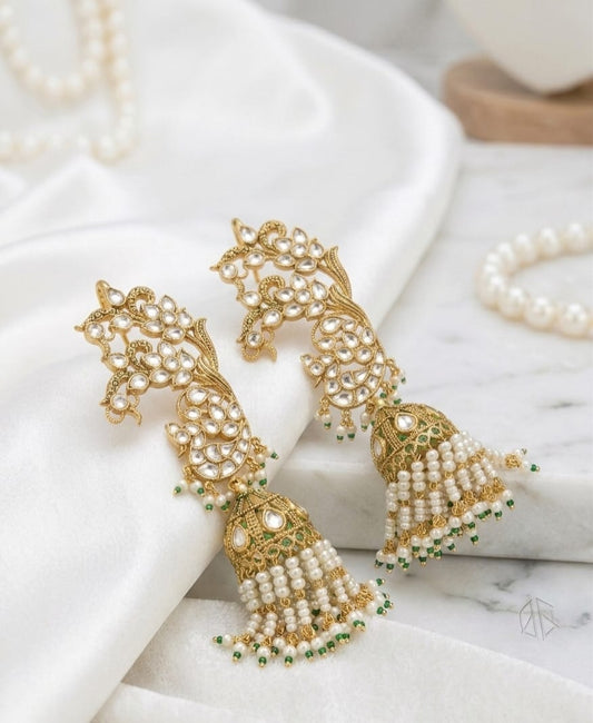 kundan floral ear cuff jhumka with peacock motif
