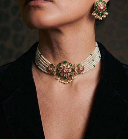 Motilata multi strand pearl choker necklace with ruby emerald kundan medallion and matching earring
